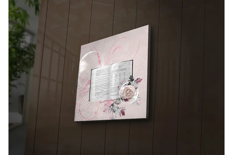 Canvastavla med LED-belysning 28x28 cm - Öppen bok med blommor och abstrakta mönster - Ljusrosa / Grön / Vit - Inredning - Tavlor & konst - Canvastavlor