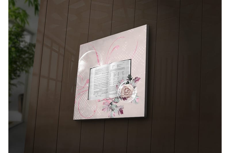 Canvastavla med LED-belysning 28x28 cm - Öppen bok med blommor och abstrakta mönster - Ljusrosa / Grön / Vit - Inredning - Tavlor & konst - Canvastavlor