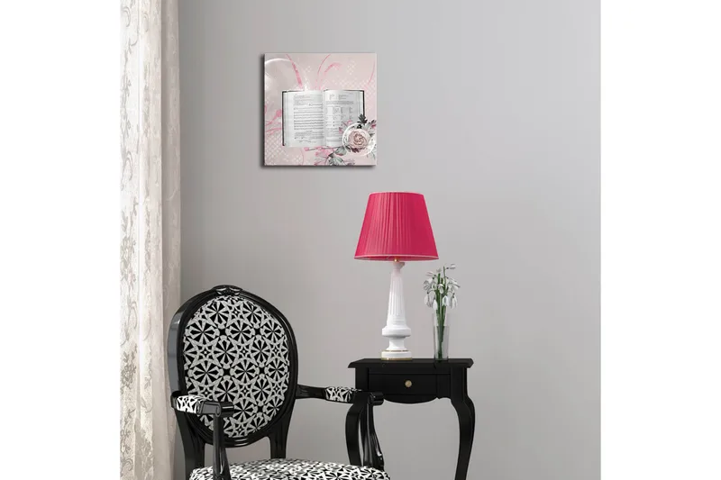 Canvastavla med LED-belysning 28x28 cm - Öppen bok med blommor och abstrakta mönster - Ljusrosa / Grön / Vit - Inredning - Tavlor & konst - Canvastavlor