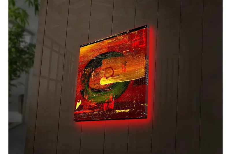 Canvastavla med LED-belysning 28x28 cm - Abstrakt komposition med cirkulära former och starka färger - Röd / Grön / Gul - Inredning - Tavlor & konst - Canvastavlor