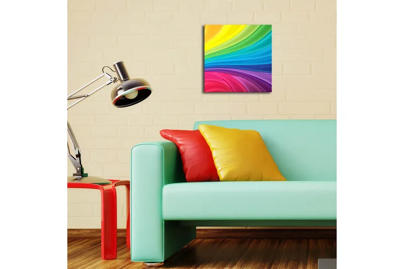 Canvastavla med LED-belysning 28x28 cm - Färgglad abstrakt komposition med svepande linjer - Gul / Grön / Blå - Inredning - Tavlor & konst - Canvastavlor