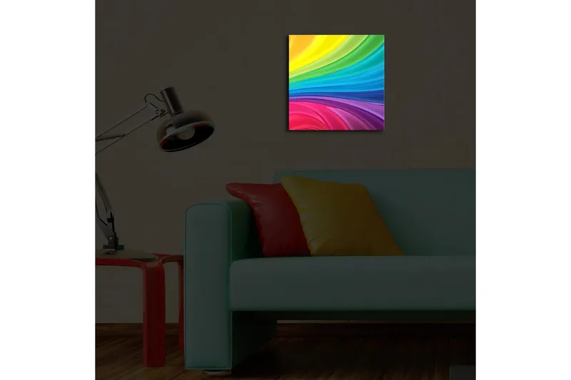 Canvastavla med LED-belysning 28x28 cm - Färgglad abstrakt komposition med svepande linjer - Gul / Grön / Blå - Inredning - Tavlor & konst - Canvastavlor