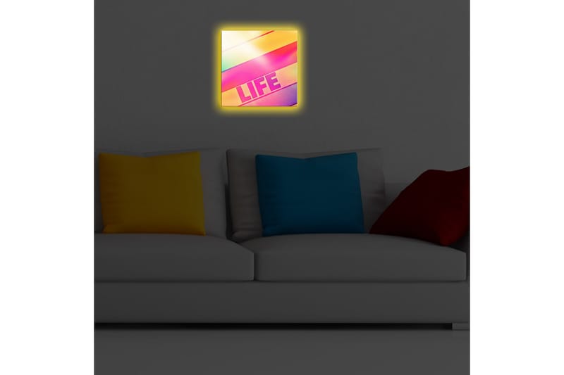 Canvastavla med LED-belysning 28x28 cm - Färgglad abstrakt komposition med texten LIFE - Rosa / Gul / Grön - Inredning - Tavlor & konst - Canvastavlor