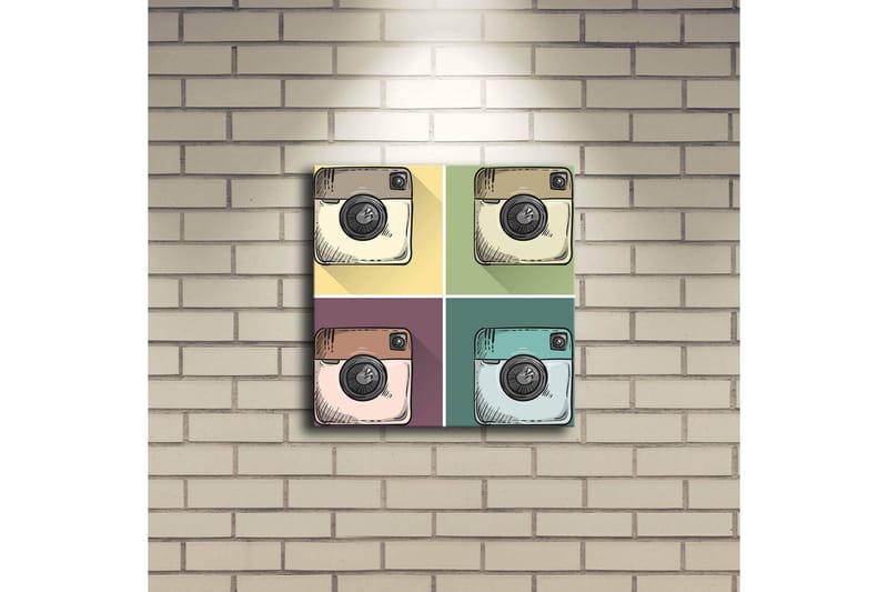 Canvastavla med LED-belysning 28x28 cm - Färgglad collage av kameror i olika nyanser - Gul / Grön / Brun - Inredning - Tavlor & konst - Canvastavlor
