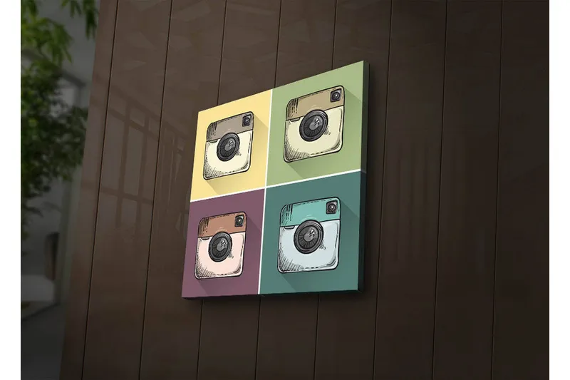 Canvastavla med LED-belysning 28x28 cm - Färgglad collage av kameror i olika nyanser - Gul / Grön / Brun - Inredning - Tavlor & konst - Canvastavlor