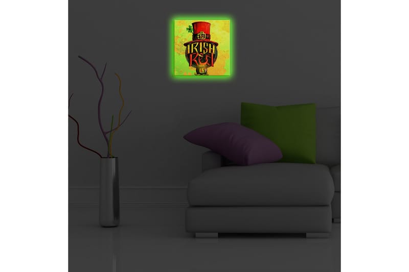 Canvastavla med LED-belysning 28x28 cm - Färgglad illustration av en irländsk hatt med text och klöverblad - Grön / Röd / Gul - Inredning - Tavlor & konst - Canvastavlor