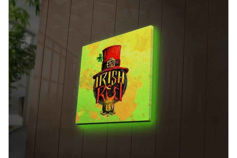 Canvastavla med LED-belysning 28x28 cm - Färgglad illustration av en irländsk hatt med text och klöverblad - Grön / Röd / Gul - Inredning - Tavlor & konst - Canvastavlor