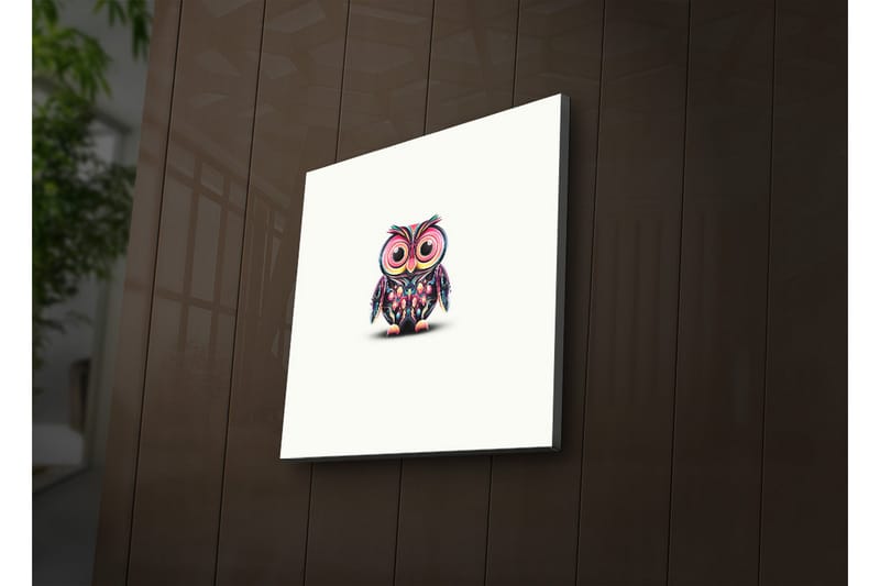 Canvastavla med LED-belysning 28x28 cm - Färgglad uggla med stora ögon - Lila / Grön / Rosa - Inredning - Tavlor & konst - Canvastavlor