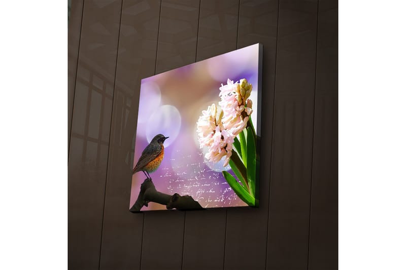 Canvastavla med LED-belysning 28x28 cm - Fågel på en gren med blommor i fokus - Rosa / Grön / Lila - Inredning - Tavlor & konst - Canvastavlor