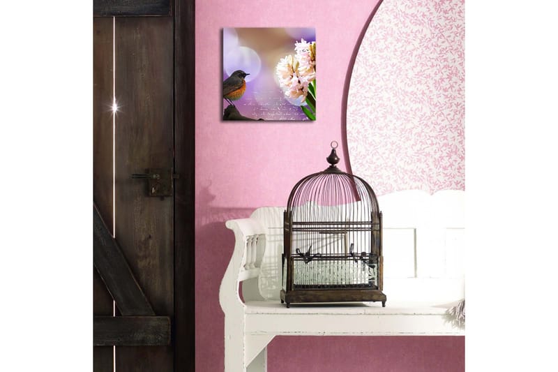 Canvastavla med LED-belysning 28x28 cm - Fågel på en gren med blommor i fokus - Rosa / Grön / Lila - Inredning - Tavlor & konst - Canvastavlor
