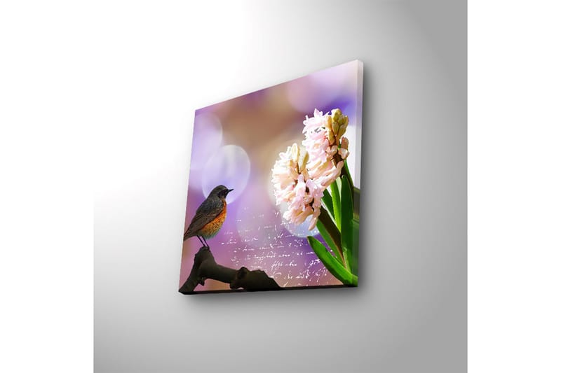 Canvastavla med LED-belysning 28x28 cm - Fågel på en gren med blommor i fokus - Rosa / Grön / Lila - Inredning - Tavlor & konst - Canvastavlor