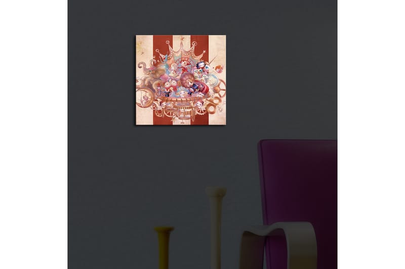 Canvastavla med LED-belysning 28x28 cm - Fantasifull komposition med lekfulla karaktärer och mekaniska detaljer - Röd / Beige / Blå - Inredning - Tavlor & konst - Canvastavlor