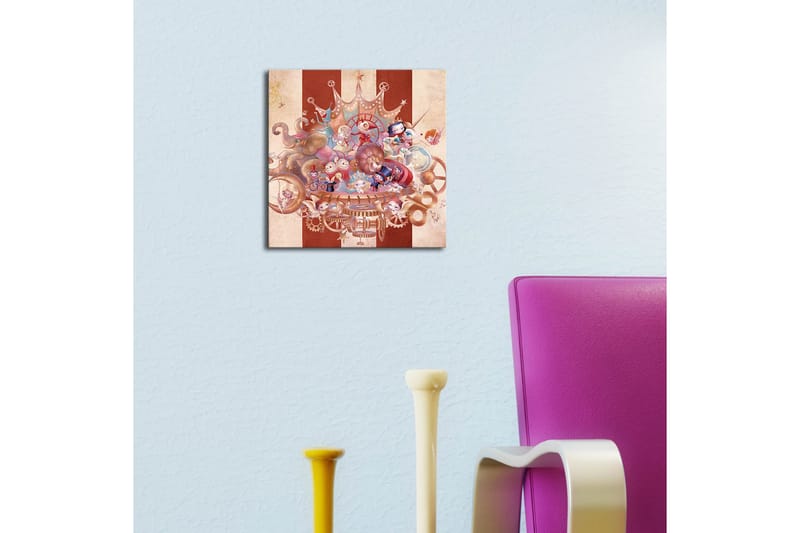 Canvastavla med LED-belysning 28x28 cm - Fantasifull komposition med lekfulla karaktärer och mekaniska detaljer - Röd / Beige / Blå - Inredning - Tavlor & konst - Canvastavlor