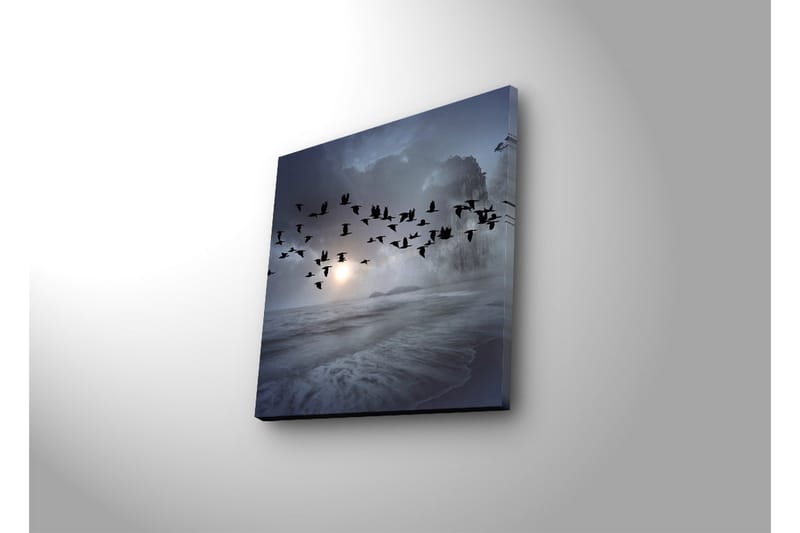 Canvastavla med LED-belysning 28x28 cm - Flock av fåglar som flyger över en dimmig havslandskap - Mörkblå / Grå / Vit - Inredning - Tavlor & konst - Canvastavlor