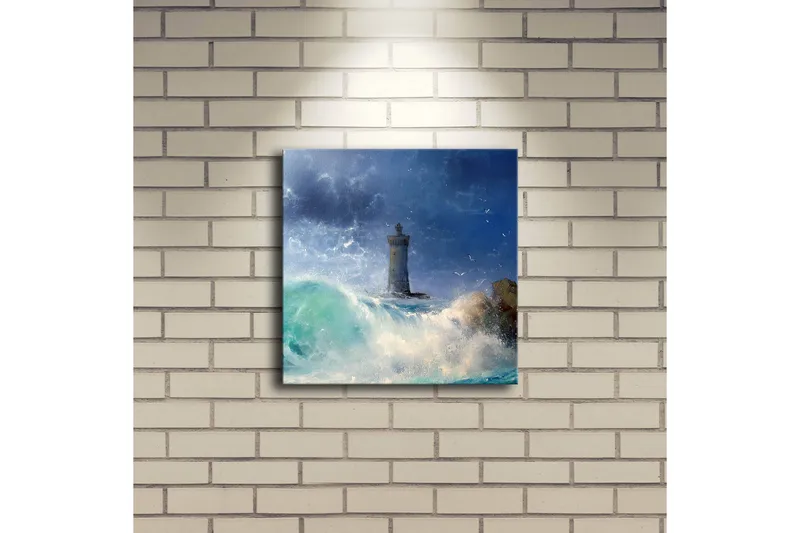 Canvastavla med LED-belysning 28x28 cm - Fyr vid stormigt hav - Blå / Grön / Vit - Inredning - Tavlor & konst - Canvastavlor