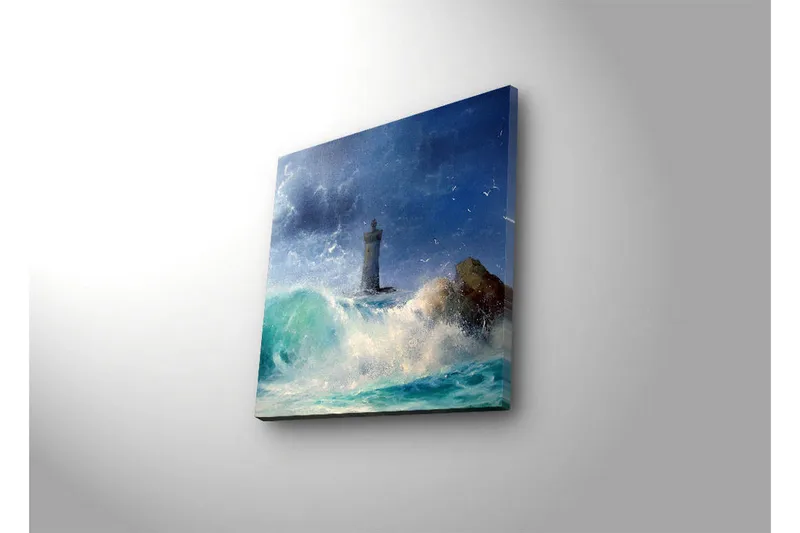 Canvastavla med LED-belysning 28x28 cm - Fyr vid stormigt hav - Blå / Grön / Vit - Inredning - Tavlor & konst - Canvastavlor