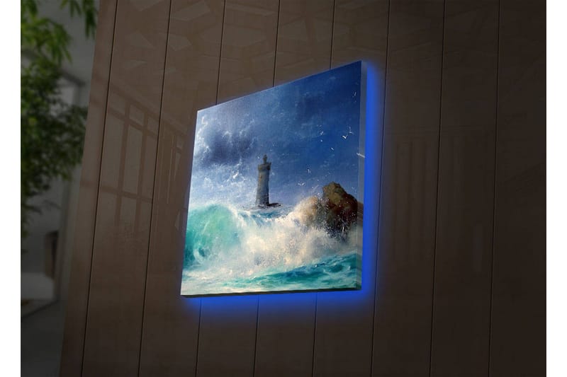 Canvastavla med LED-belysning 28x28 cm - Fyr vid stormigt hav, Blå / Grön / Vit
