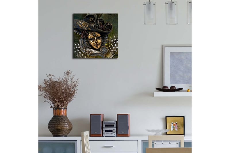 Canvastavla med LED-belysning 28x28 cm - Maskerad ansikte med detaljerad hatt och blommor - Guld / Mörkblå / Grön - Inredning - Tavlor & konst - Canvastavlor