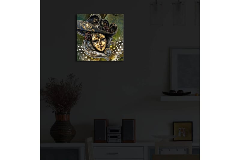 Canvastavla med LED-belysning 28x28 cm - Maskerad ansikte med detaljerad hatt och blommor - Guld / Mörkblå / Grön - Inredning - Tavlor & konst - Canvastavlor