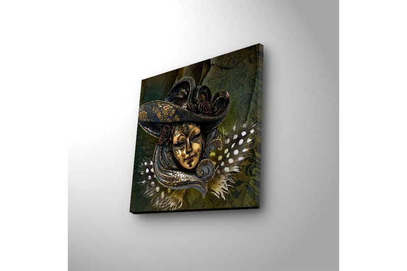 Canvastavla med LED-belysning 28x28 cm - Maskerad ansikte med detaljerad hatt och blommor - Guld / Mörkblå / Grön - Inredning - Tavlor & konst - Canvastavlor