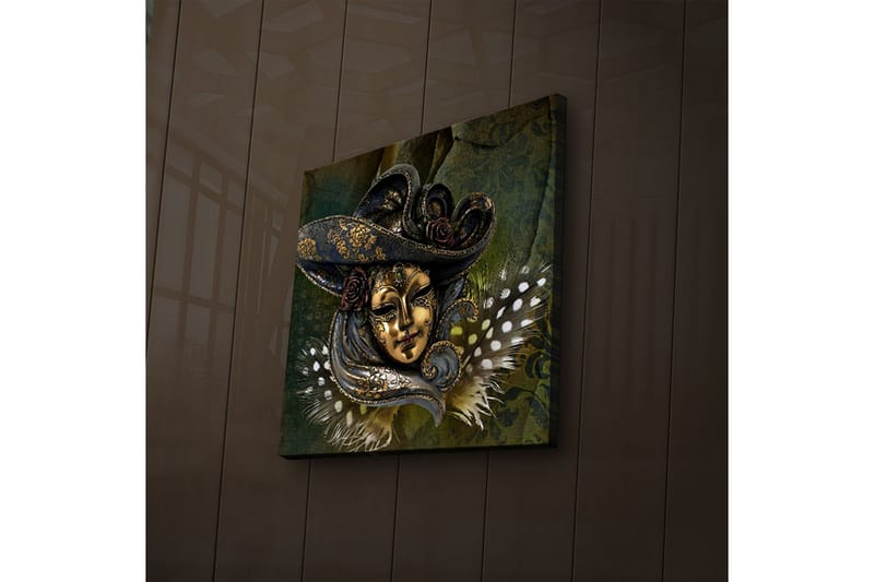 Canvastavla med LED-belysning 28x28 cm - Maskerad ansikte med detaljerad hatt och blommor - Guld / Mörkblå / Grön - Inredning - Tavlor & konst - Canvastavlor