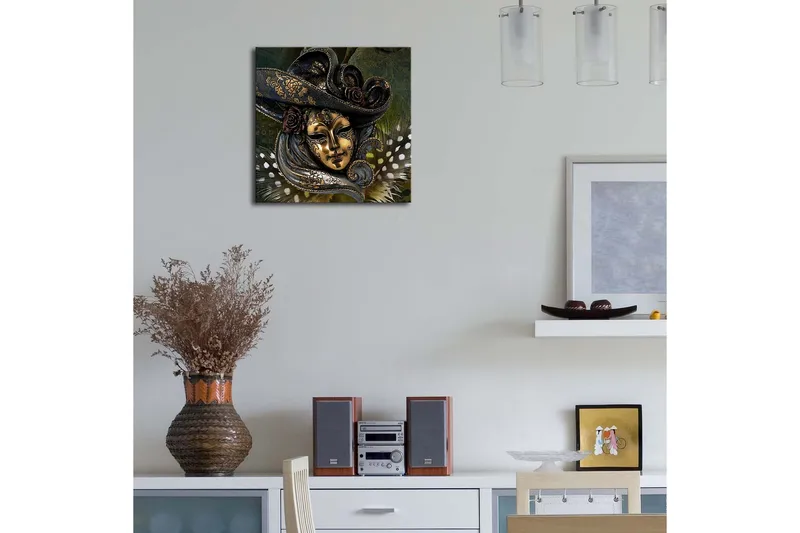 Canvastavla med LED-belysning 28x28 cm - Maskerad ansikte med detaljerad hatt och blommor - Guld / Mörkblå / Grön - Inredning - Tavlor & konst - Canvastavlor