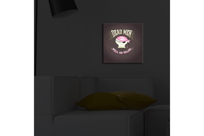 Canvastavla med LED-belysning 28x28 cm - Skalle med pirathatt och texten DEAD MEN TELL NO TALES - Grön / Rosa / Svart - Inredning - Tavlor & konst - Canvastavlor
