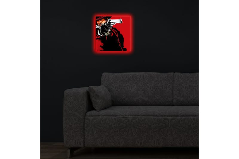 Canvastavla med LED-belysning 28x28 cm - Skarp porträtt av en revolverman med pistol i hand - Röd / Svart - Inredning - Tavlor & konst - Canvastavlor