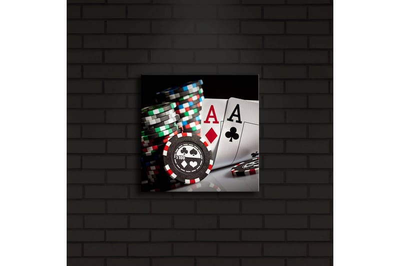 Canvastavla med LED-belysning 28x28 cm - Spelkort och pokerchips i fokus - Svart / Röd / Grön - Inredning - Tavlor & konst - Canvastavlor