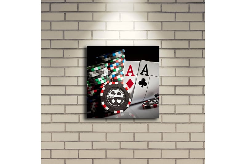 Canvastavla med LED-belysning 28x28 cm - Spelkort och pokerchips i fokus - Svart / Röd / Grön - Inredning - Tavlor & konst - Canvastavlor