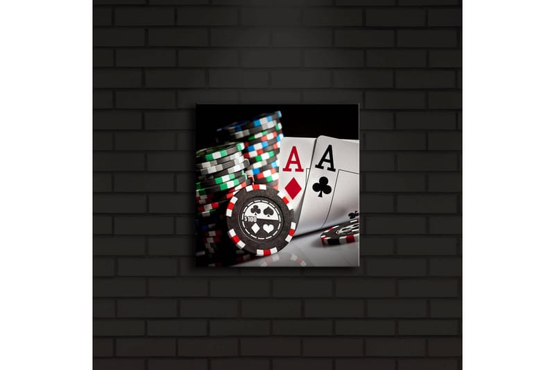 Canvastavla med LED-belysning 28x28 cm - Spelkort och pokerchips i fokus - Svart / Röd / Grön - Inredning - Tavlor & konst - Canvastavlor