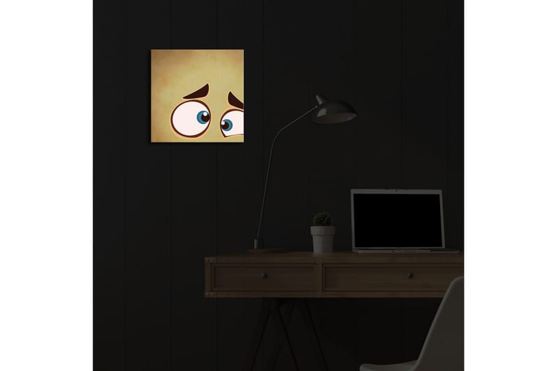 Canvastavla med LED-belysning 28x28 cm - Uttrycksfullt ansikte med stora ögon och en bekymrad min - Beige / Blå / Brun - Inredning - Tavlor & konst - Canvastavlor