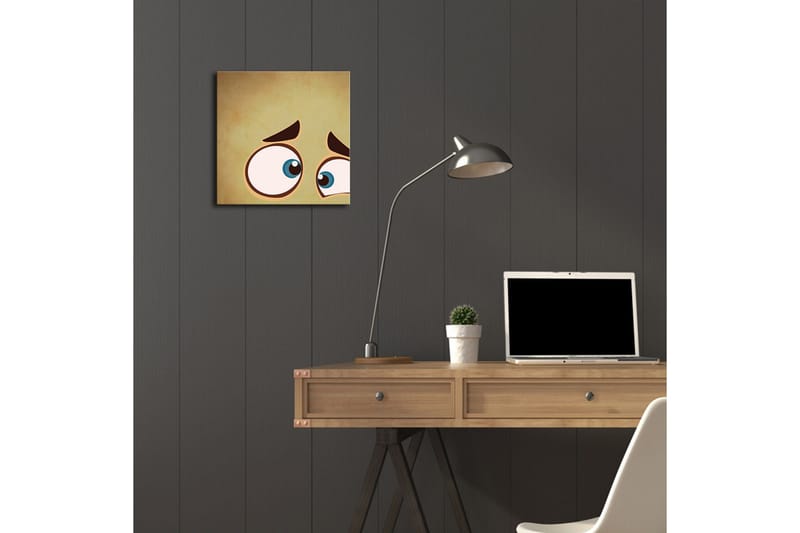 Canvastavla med LED-belysning 28x28 cm - Uttrycksfullt ansikte med stora ögon och en bekymrad min - Beige / Blå / Brun - Inredning - Tavlor & konst - Canvastavlor