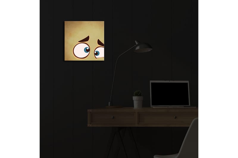 Canvastavla med LED-belysning 28x28 cm - Uttrycksfullt ansikte med stora ögon och en bekymrad min - Beige / Blå / Brun - Inredning - Tavlor & konst - Canvastavlor