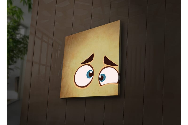 Canvastavla med LED-belysning 28x28 cm - Uttrycksfullt ansikte med stora ögon och en bekymrad min - Beige / Blå / Brun - Inredning - Tavlor & konst - Canvastavlor