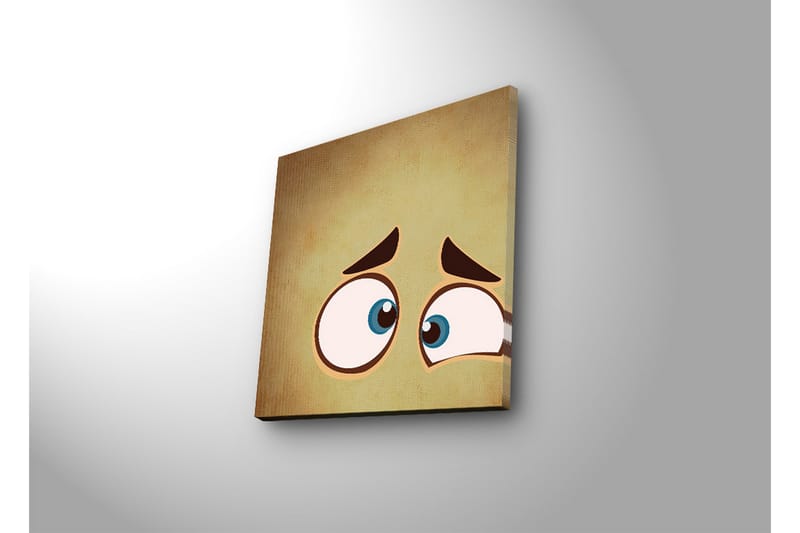 Canvastavla med LED-belysning 28x28 cm - Uttrycksfullt ansikte med stora ögon och en bekymrad min - Beige / Blå / Brun - Inredning - Tavlor & konst - Canvastavlor