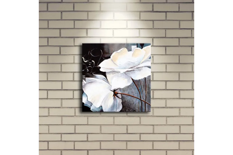 Canvastavla med LED-belysning 28x28 cm - Vita blommor med eleganta detaljer - Vit / Grå / Brun - Inredning - Tavlor & konst - Canvastavlor