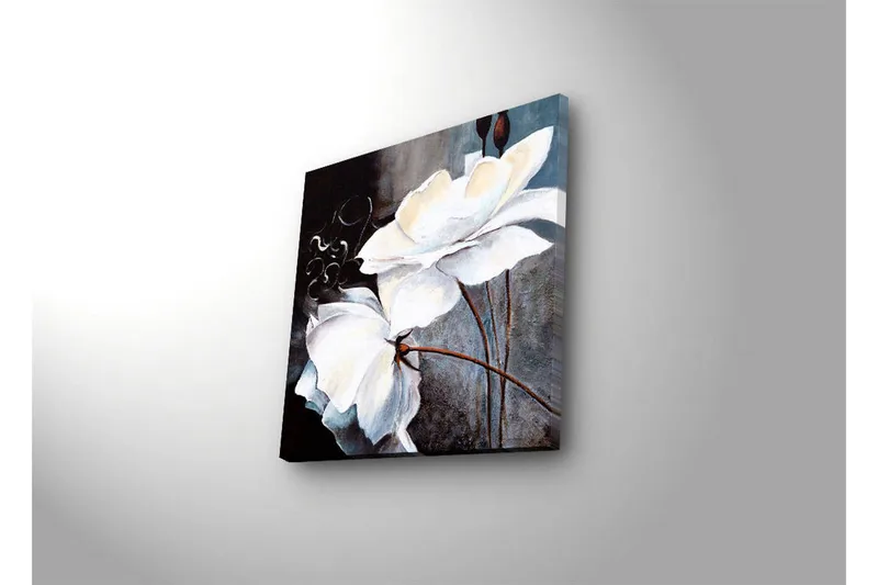 Canvastavla med LED-belysning 28x28 cm - Vita blommor med eleganta detaljer - Vit / Grå / Brun - Inredning - Tavlor & konst - Canvastavlor