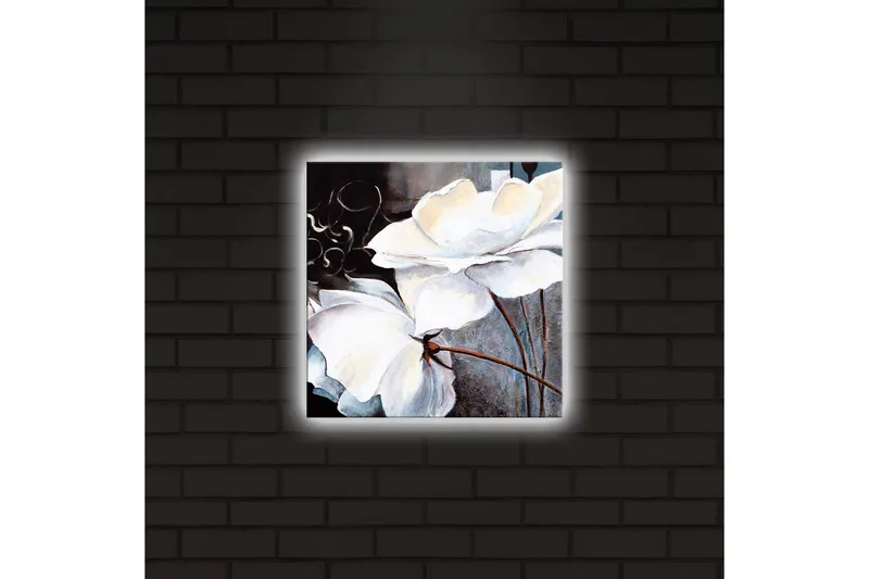 Canvastavla med LED-belysning 28x28 cm - Vita blommor med eleganta detaljer - Vit / Grå / Brun - Inredning - Tavlor & konst - Canvastavlor
