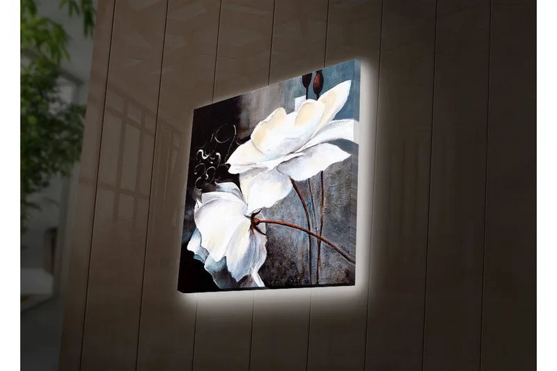 Canvastavla med LED-belysning 28x28 cm - Vita blommor med eleganta detaljer, Vit / Grå / Brun