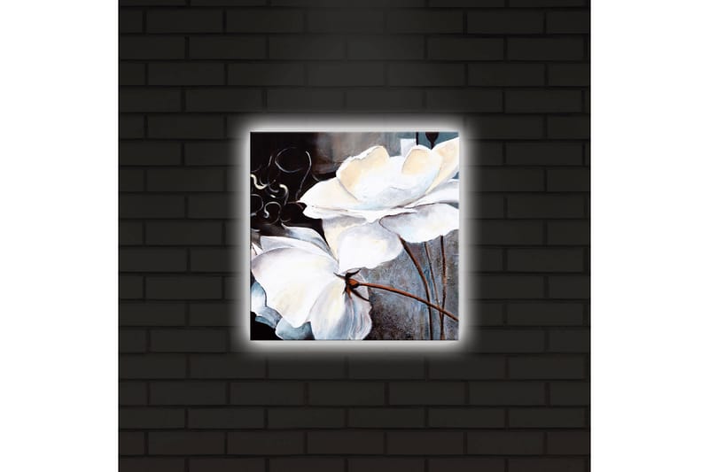 Canvastavla med LED-belysning 28x28 cm - Vita blommor med eleganta detaljer - Vit / Grå / Brun - Inredning - Tavlor & konst - Canvastavlor