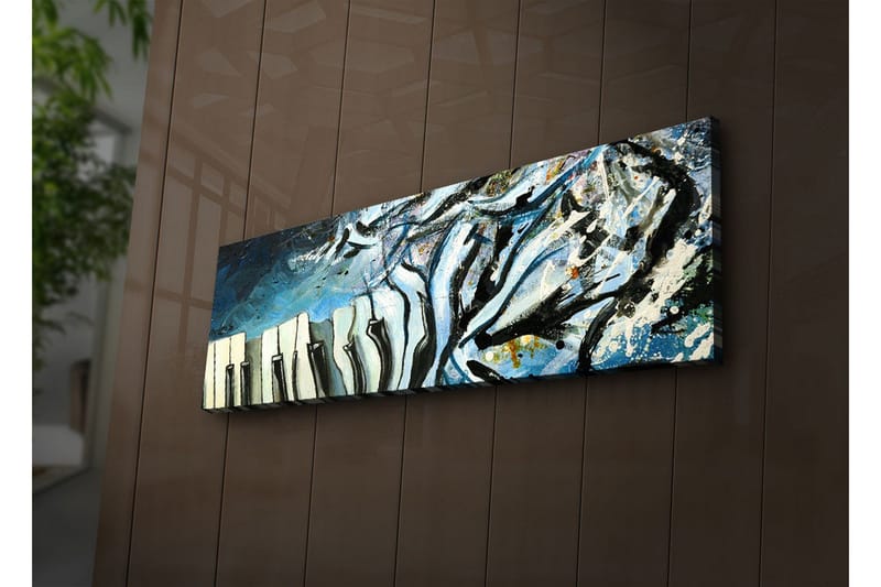 Canvastavla med LED-belysning 30x90 cm - Abstrakt komposition med pianotangenter och blå nyanser, Blå / Svart / Vit