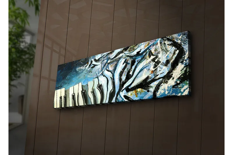 Canvastavla med LED-belysning 30x90 cm - Abstrakt komposition med pianotangenter och blå nyanser, Blå / Svart / Vit