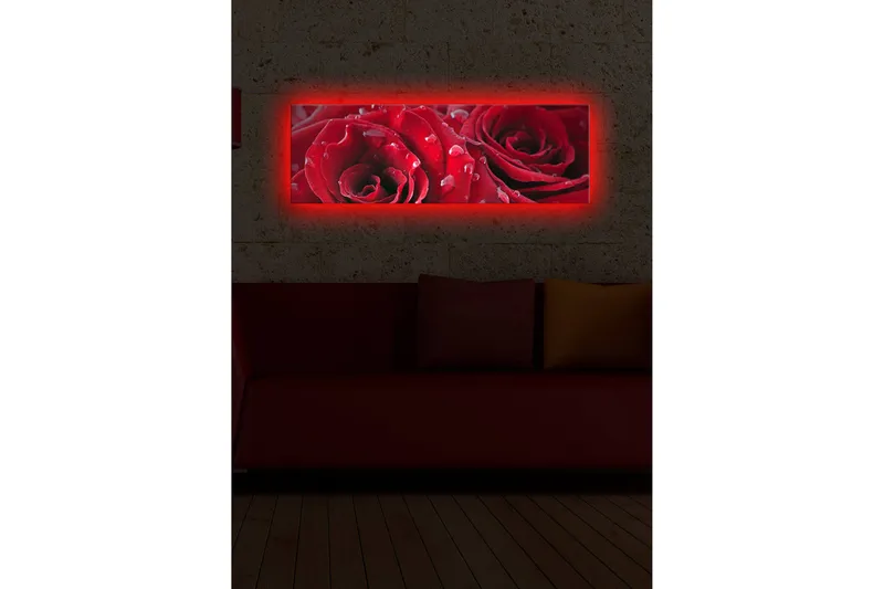 Canvastavla med LED-belysning 30x90 cm - Djupa röda rosor med vattendroppar - Röd / Grön - Inredning - Tavlor & konst - Canvastavlor