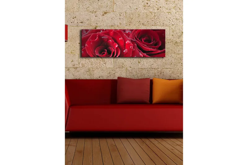 Canvastavla med LED-belysning 30x90 cm - Djupa röda rosor med vattendroppar - Röd / Grön - Inredning - Tavlor & konst - Canvastavlor