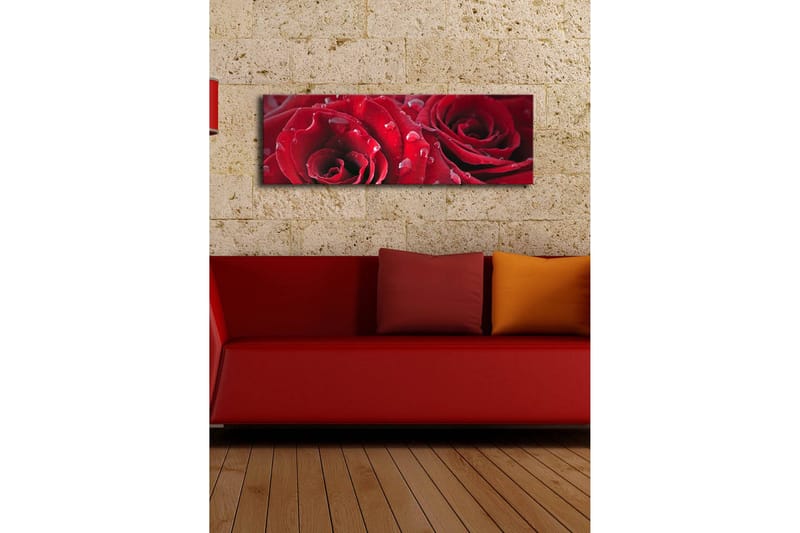 Canvastavla med LED-belysning 30x90 cm - Djupa röda rosor med vattendroppar - Röd / Grön - Inredning - Tavlor & konst - Canvastavlor