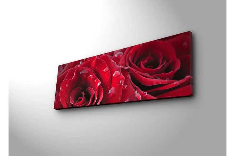 Canvastavla med LED-belysning 30x90 cm - Djupa röda rosor med vattendroppar - Röd / Grön - Inredning - Tavlor & konst - Canvastavlor