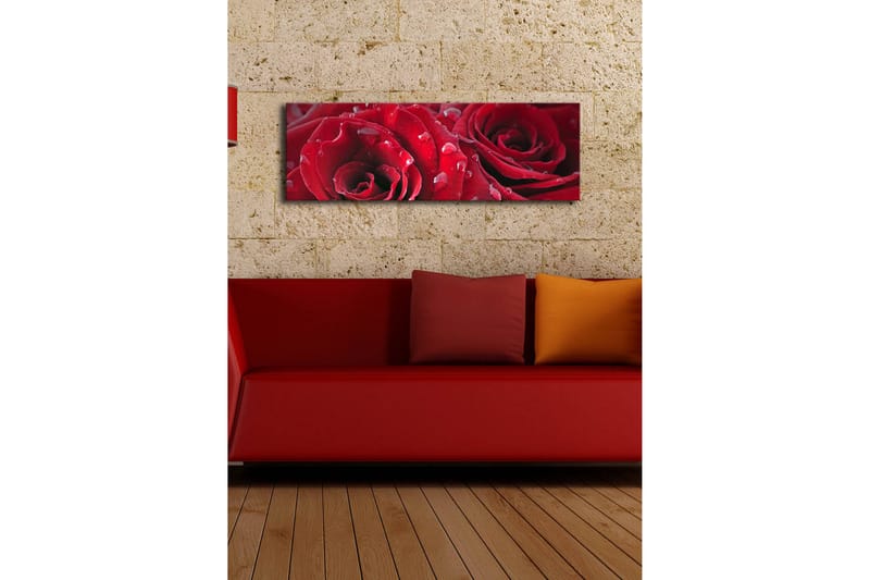 Canvastavla med LED-belysning 30x90 cm - Djupa röda rosor med vattendroppar - Röd / Grön - Inredning - Tavlor & konst - Canvastavlor