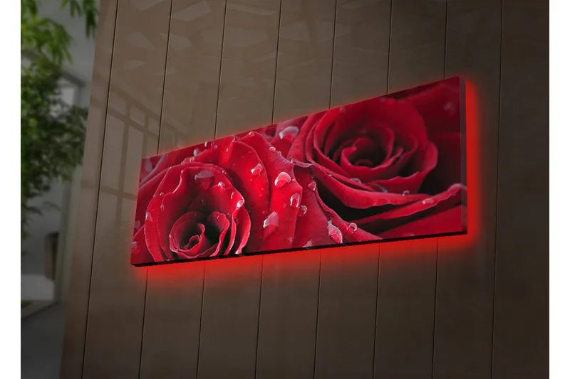 Canvastavla med LED-belysning 30x90 cm - Djupa röda rosor med vattendroppar, Röd / Grön