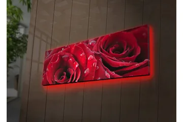 Canvastavla med LED-belysning 30x90 cm - Djupa röda rosor med vattendroppar - Röd / Grön - Inredning - Tavlor & konst - Canvastavlor